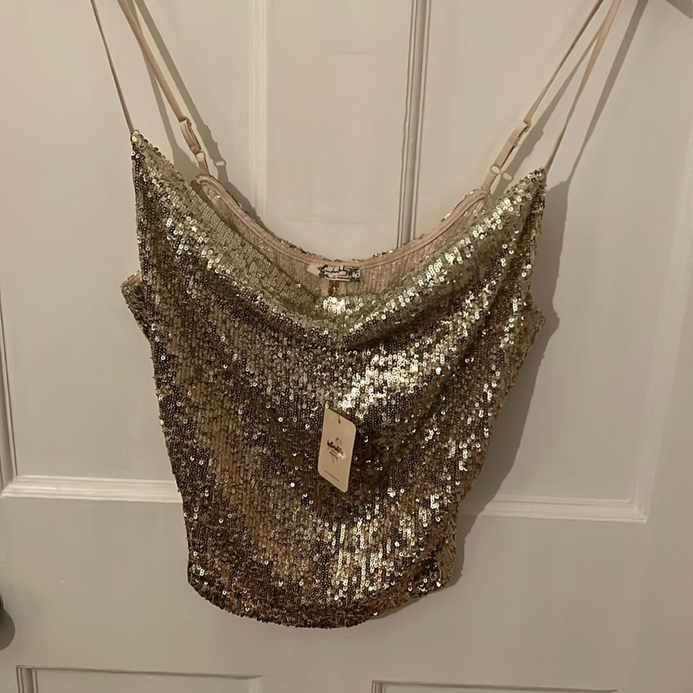 Free People Cowl Neck Sequins Top with adjustable straps